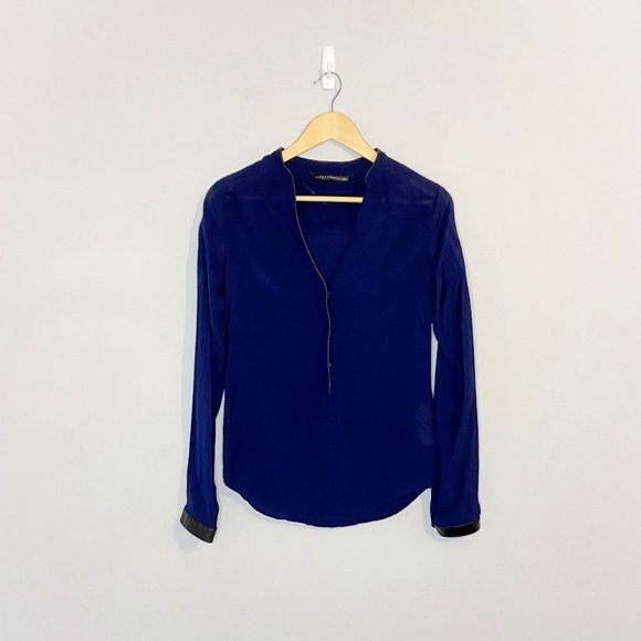 🌿ZARA | Navy Blouse w/ Faux Leather Detail - Picture 1 of 3